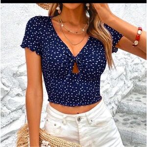 Navy Blue Polka Dot Short Sleeve Top White Hearts Cut Out Cropped Top Tie Front